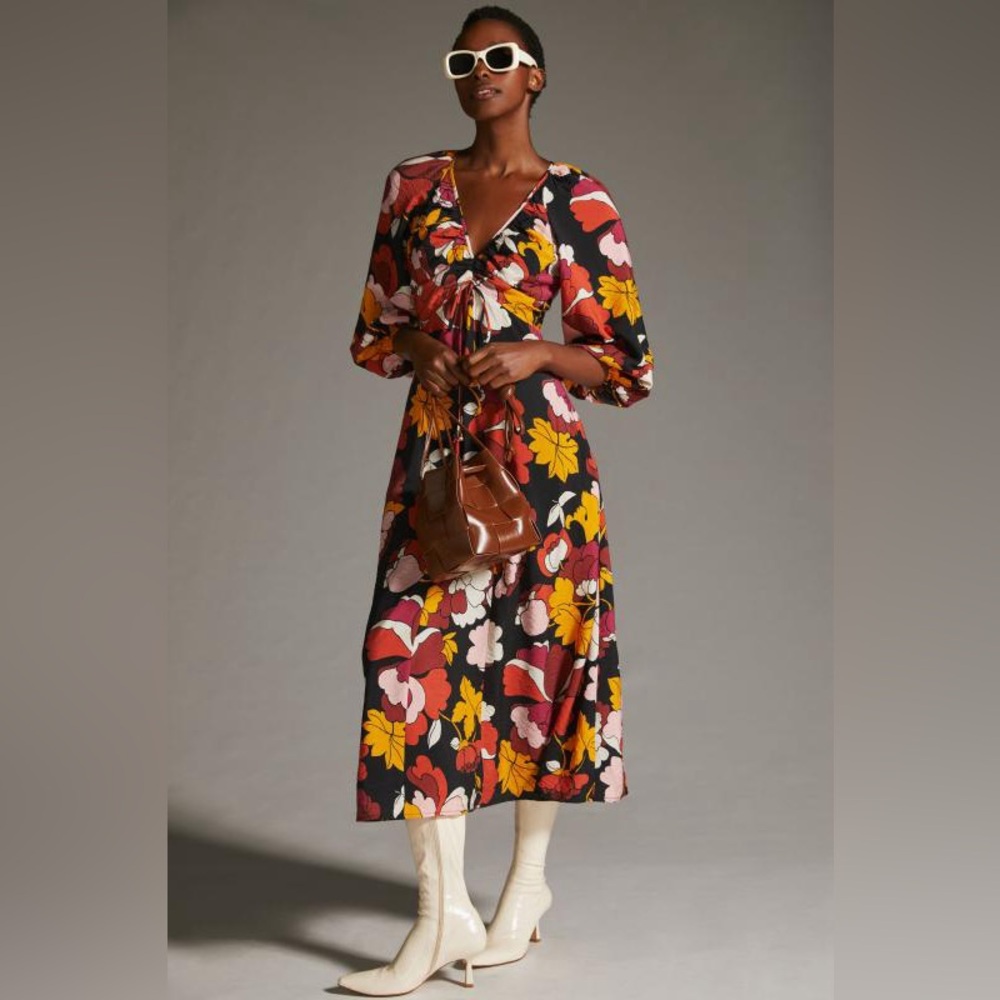 Anthropologie Maeve Ruched Deep V Floral Midi Dress